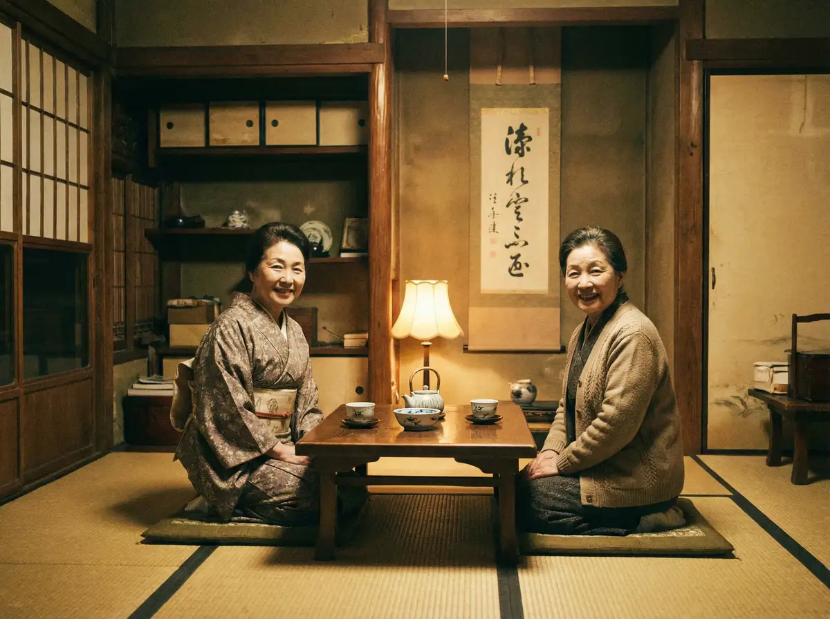 两位优雅的 天美传媒 在日式茶室中品茶交谈